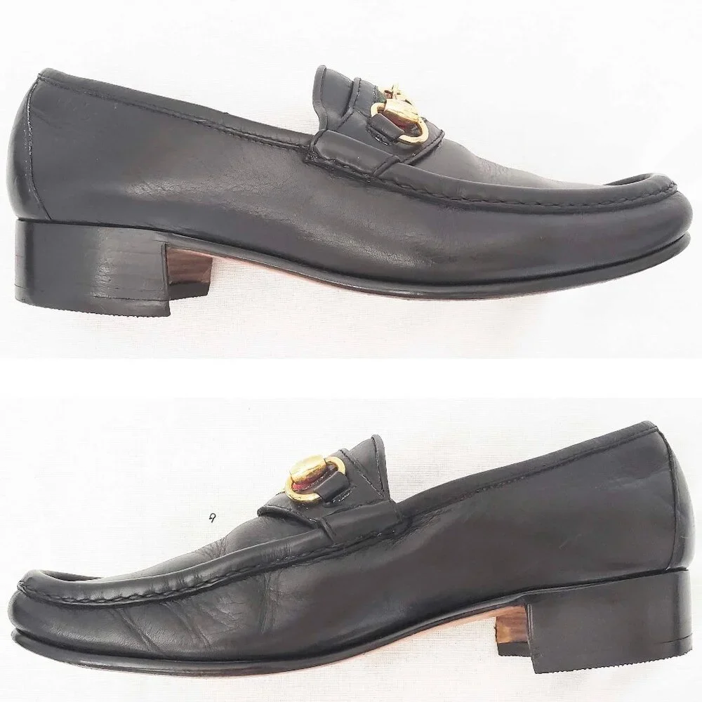 Vintage Gucci  Men’s Black Leather Gold Horsebit Loafers Shoes Green Red 41 M